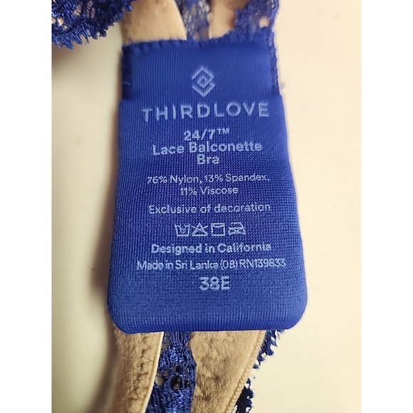 THIRDLOVE 24/7 Lace Balconette Bra in Blue, Womens Size 38E /38DD Sexy Coquette - Picture 3 of 8